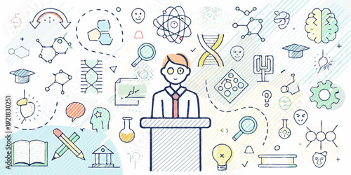 A person presenting with illustrations of science education and the mind