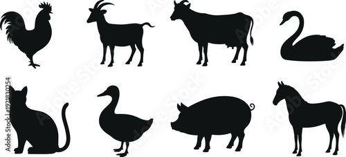 Farm and domestic animal silhouettes vector set, rooster goat cow swan cat duck pig horse black isolated figures on white background illustration