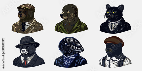 Anthropomorphic animals wearing victorian era clothing and accessories