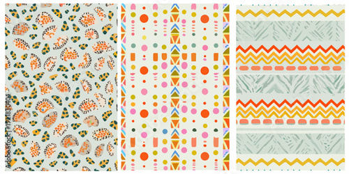 Three panels of colorful geometric patterns on a light background