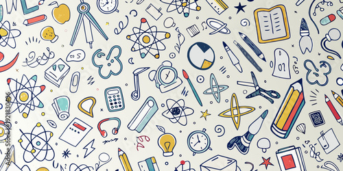 Colorful doodle pattern featuring school supplies and science symbols