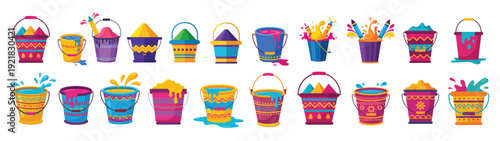Colorful Holi Buckets And Pichkari Set For Festive Design