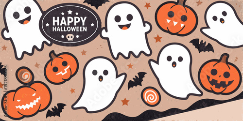 Cute halloween ghosts and pumpkins with a happy halloween message