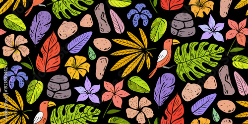 Tropical leaves flowers and birds in a colorful seamless pattern