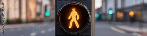 Pedestrian signal light glowing amber on urban street with blurred background, minimal style close up editorial shot showing safe crossing sign