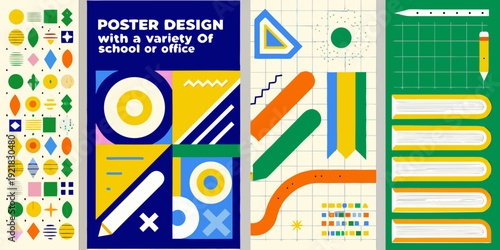 Abstract poster design featuring colorful geometric shapes and office supplies