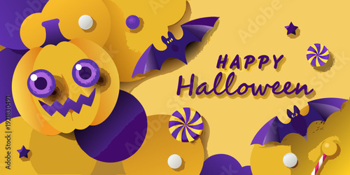 Festive halloween illustration with pumpkins bats and a happy greeting