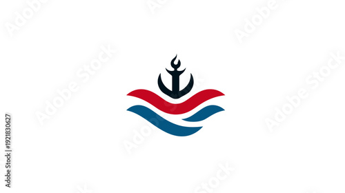 Stylized maritime anchor and flame graphic with flowing red and blue waves, symbolizing guidance, strength, and ocean voyage.