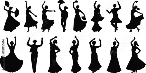 Flamenco dancers silhouettes vector set, Spanish traditional dance performers with fans isolated black figures on white background for cultural design