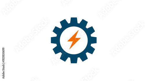 Modern Blue Gear Icon with Orange Lightning Bolt Symbol representing Power, Settings, Technology, Energy, and Mechanical Process