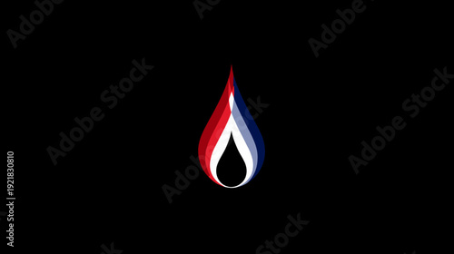Abstract stylized red, white, and blue drop icon on black. Modern graphic design element symbolizing national colors, patriotism, emotion.