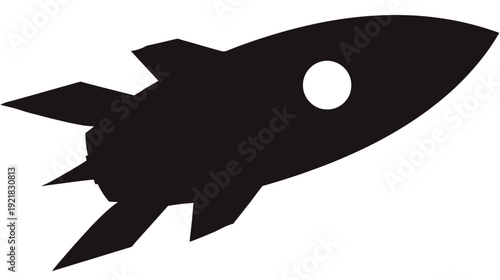 Black rocket silhouette icon for business startup, innovation, progress, and success concept on white background.