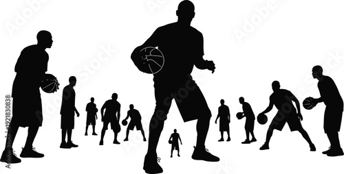Basketball player silhouette collection featuring dribbling athletes in action poses for sports training competition and fitness activity illustration