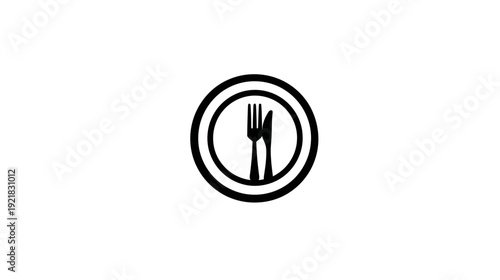 Modern line art icon: dinner plate, fork, and knife in a circle. Simple vector symbol for restaurant, food, dining, and meal service.