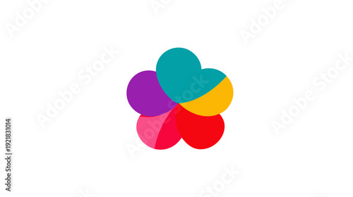 Vibrant overlapping heart and petal shapes, abstract graphic design element. Colorful floral or community symbol on white.