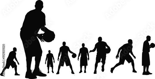 Basketball player silhouette set featuring athletes dribbling ball in action poses for sports training competition and fitness illustration