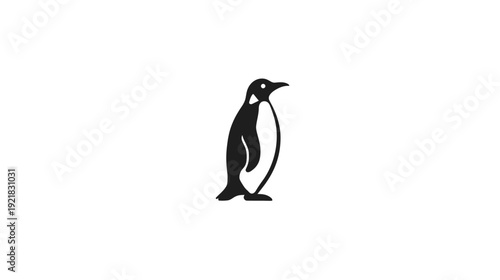 Elegant black penguin silhouette standing upright on a clean white background. Minimalist graphic icon of an arctic bird.