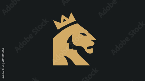 Majestic golden crowned lion head graphic symbol on a dark background, representing royalty, power, leadership, strength, and success.