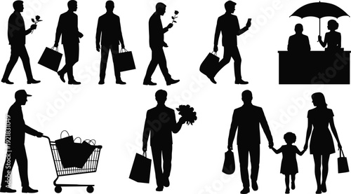 People shopping and family silhouettes vector set, men walking with bags and flowers, retail store cashier scene isolated on white background illustration