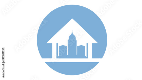 Real Estate House Icon with City Skyline – Urban Property, Home, and Financial Building Concept in Blue Circle