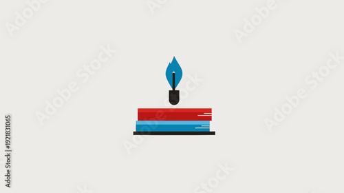 Minimalist illustration of stacked books with a symbolic candle and blue flame, representing education, wisdom, and tradition.