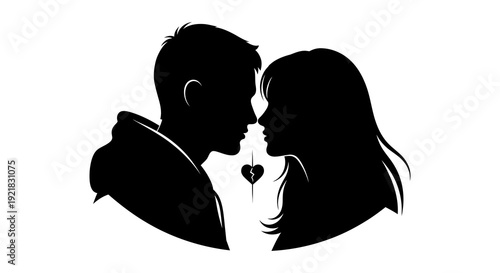 A silhouetted couple intimately embraces their faces close with a heart shape between them high quality