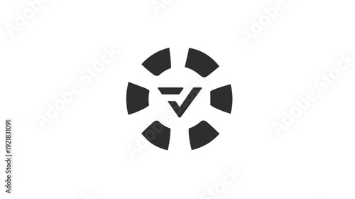 Abstract geometric V-shape symbol in a segmented circle icon. Modern black and white minimalist graphic design for technology business.