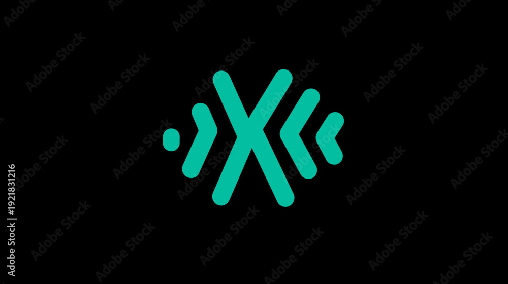 Obraz premium Modern abstract teal geometric symbol on black background. Minimalist digital icon, technology, data, network, or communication concept.