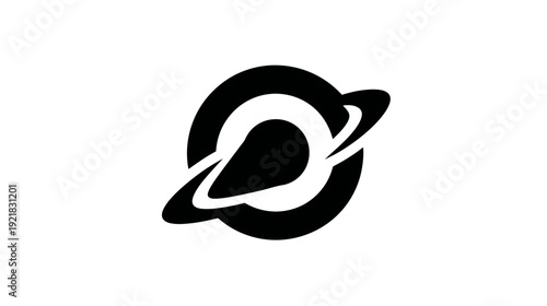 Vector icon of a stylized black planet with orbiting rings, representing space, astronomy, universe, celestial body, or cosmic theme