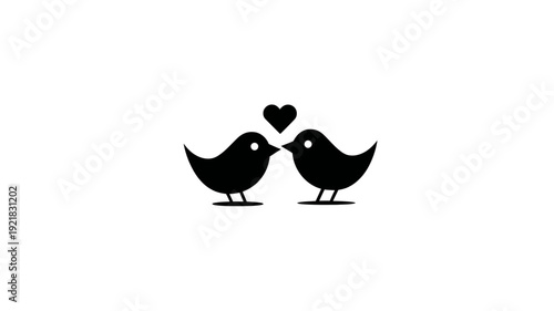 Minimalist black silhouette illustration of two loving birds with a heart, symbolizing romance and affection