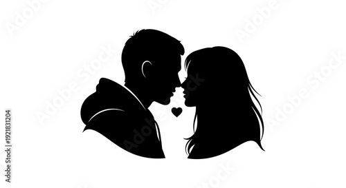 A black silhouette depicts a couple embracing and nearly kissing with a heart between them