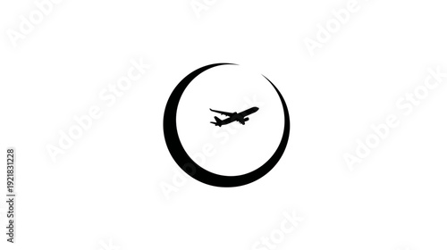 Minimalist airplane silhouette flying through a circular arc, iconic design representing global travel, aviation, and journey.
