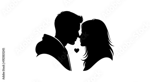 A silhouette of a couple embracing with a heart shape nestled between their faces high quality