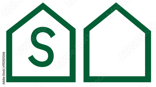 Minimalist green outline house icons, one containing letter S and one empty, symbolizing real estate, home, property, and residential concepts