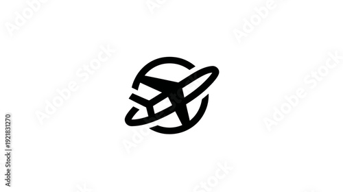 Minimalist Global Air Travel Icon with Airplane Flying Around World Symbol - International Flight and Worldwide Journey Concept