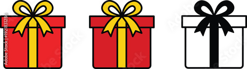 Gift box present icon set with ribbon bow package illustration for celebration holiday birthday surprise and festive decoration design