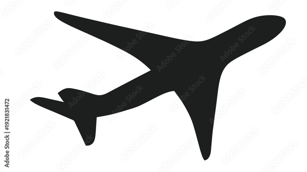 Fototapeta premium Black airplane silhouette icon representing travel, flight, aviation, and journey. Generic aircraft symbol on white background.