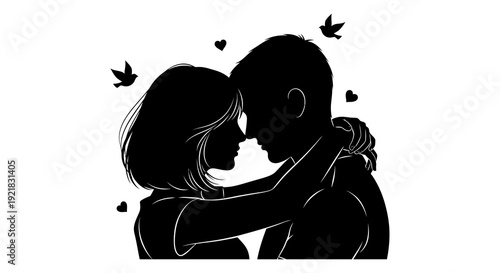 A silhouetted couple embraces tenderly surrounded by floating hearts and leaves in a minimalist design