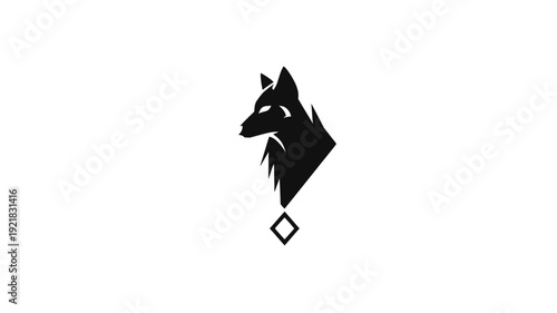 Modern minimalist black wolf head silhouette icon with angular design and outlined diamond symbol, isolated on white background.