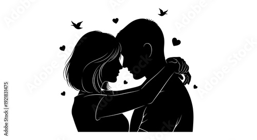 A silhouetted couple embraces tenderly surrounded by floating hearts and birds in a minimalist style