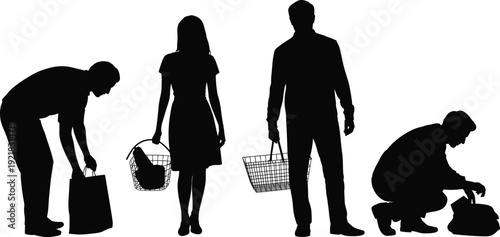 Shopping customer silhouettes vector illustration, people with baskets and bags isolated on white background, retail consumer activity concept
