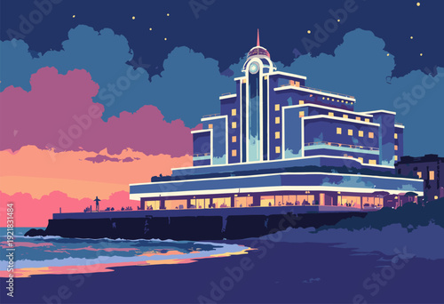 Art Deco Midland Hotel Morecambe Curved white lines neon lights glowing against seaside dusk