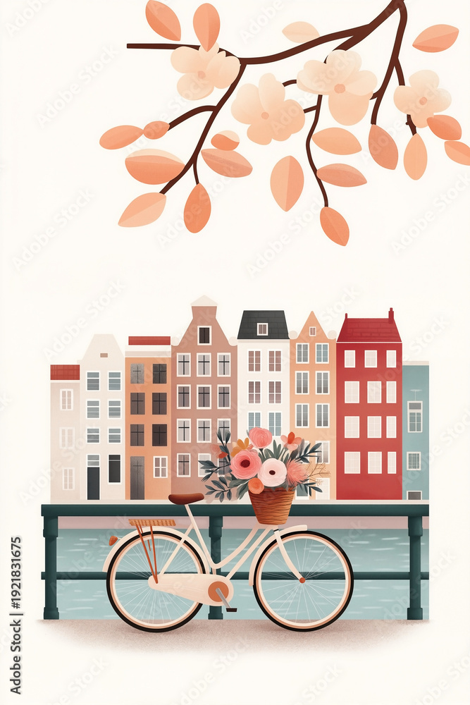 Fototapeta premium Charming bicycle with a flower basket parked on a bridge in front of colorful canal houses, stylized digital illustration of a scenic European city street by the water