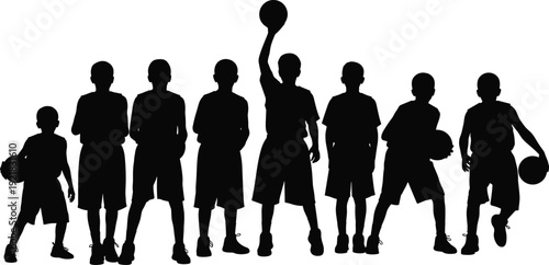 Kids basketball player silhouettes collection featuring children holding ball standing and playing sports activity teamwork training vector illustration