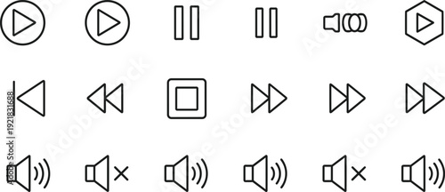 Media player control line icons collection including play pause stop rewind forward and volume symbols for multimedia interface design