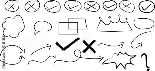 Collection of hand drawn checkmarks arrows and speech bubbles