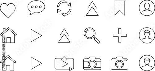 User interface line icons collection featuring home search play camera profile bookmark and navigation symbols for modern app design