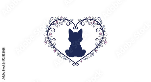 A dark blue cat silhouette is centered within a floral heart shaped design on a white background