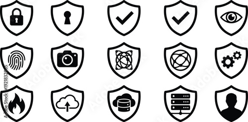 Collection of diverse security and technology shield icons isolated on transparent background