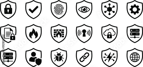 Collection of security and protection icons within shield shapes on a white background